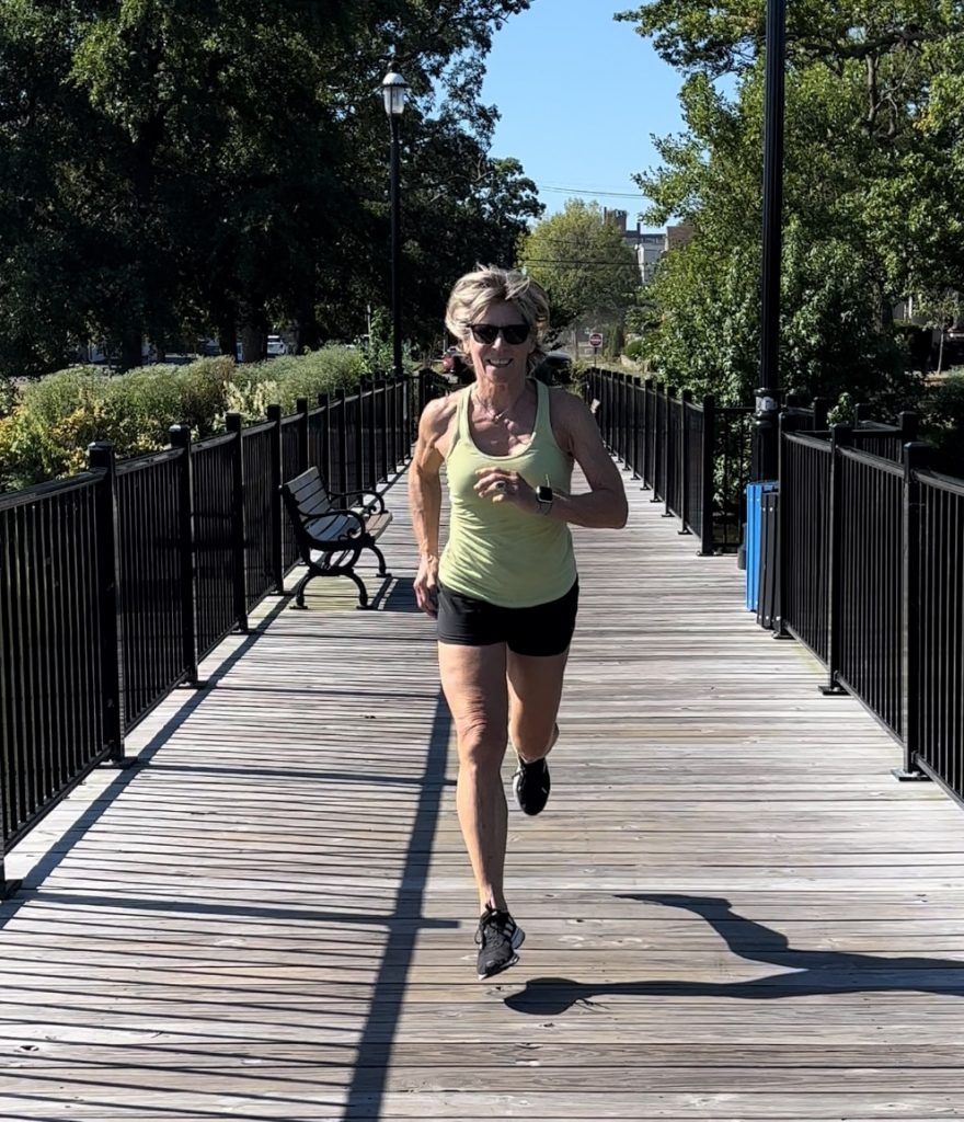 Masters Athletes Are Not Geezers Polli running on bridge